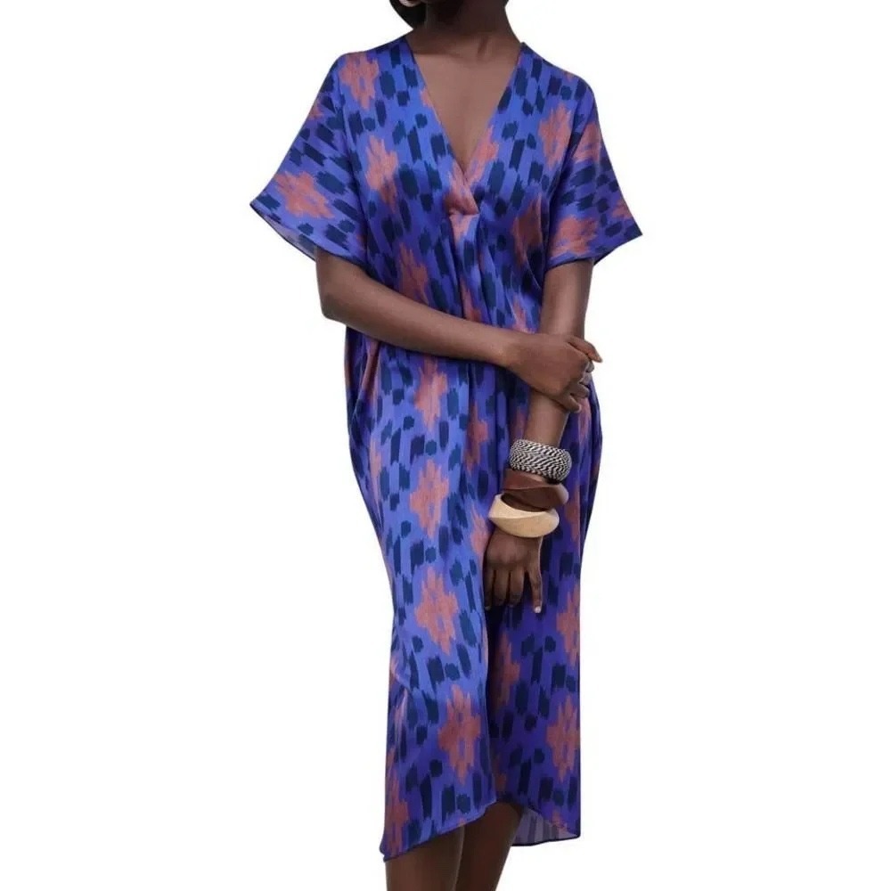 Zara Printed Womens Blue Ikat Kaftan Midi Dress XS V-Neck Pockets Oversized